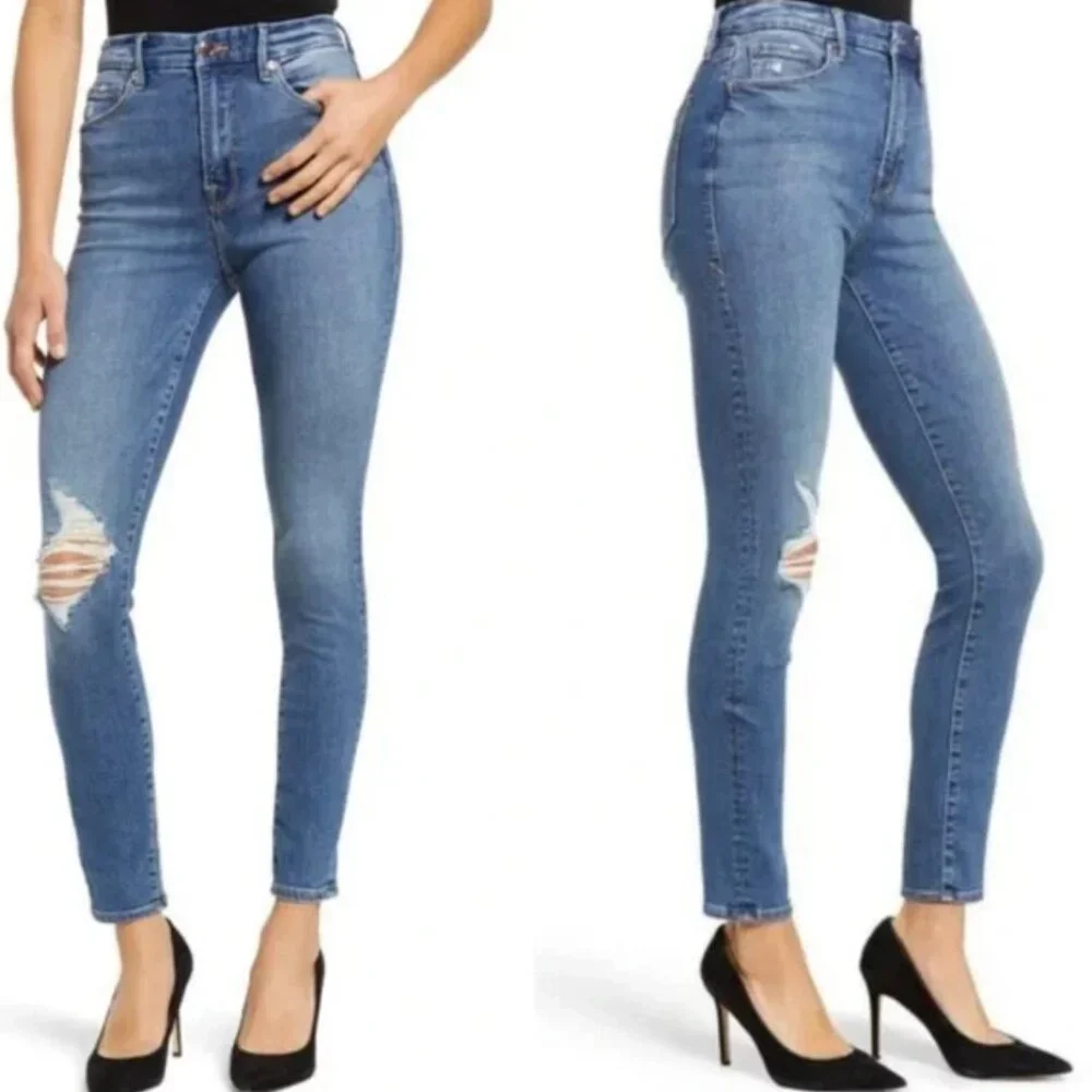 Good American Distressed Good Waist High Rise Skinny Ankle Jean Stretch Blue 28